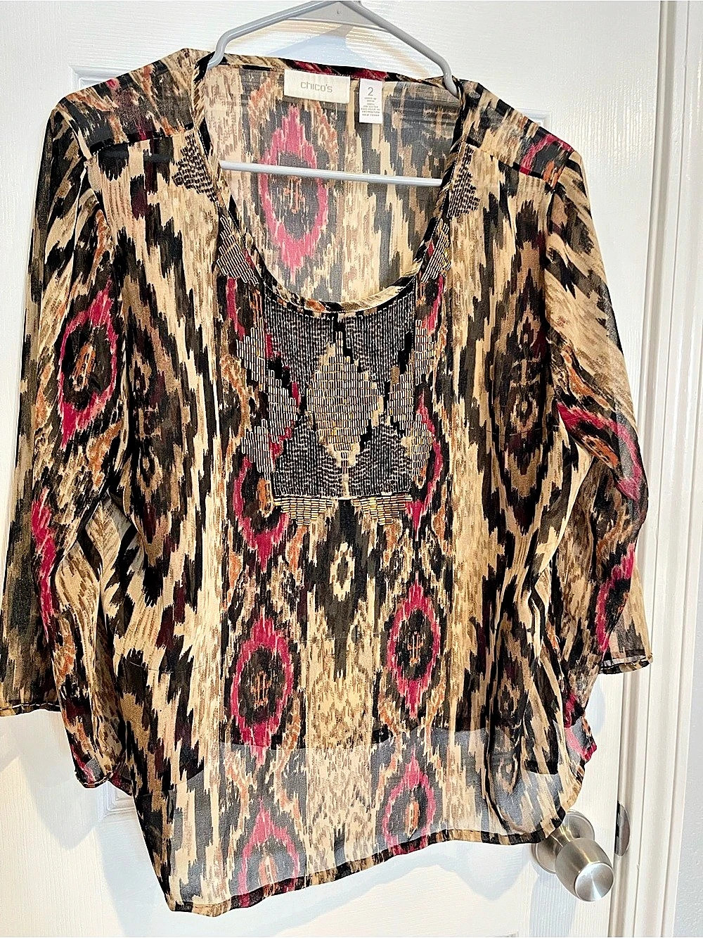 Chico's Beaded Ikat Print Sheer Blouse Top Women's Size 2